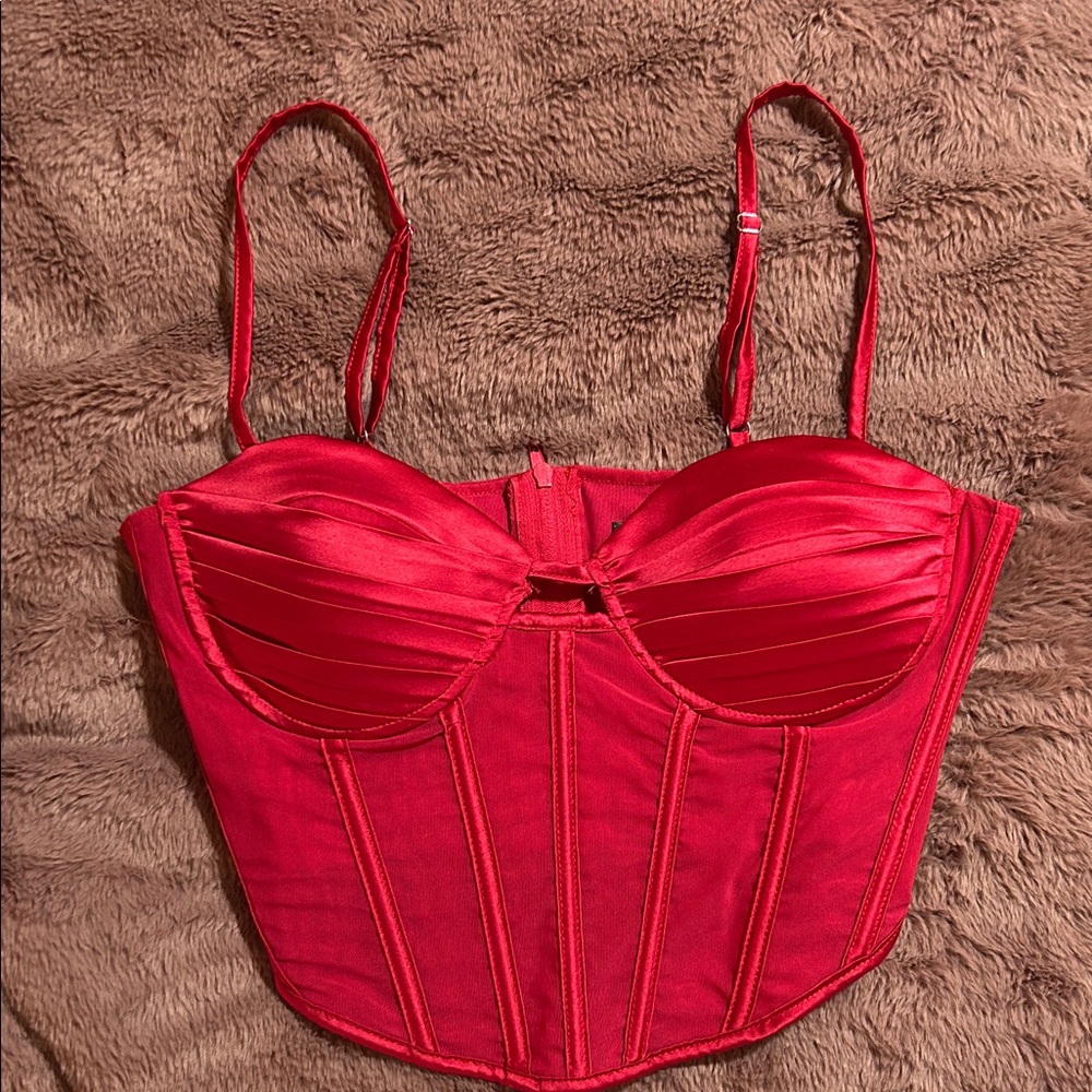 SEXY Satin RED Bustier Bra corset crop top stretchy women adjustable MEDIUM